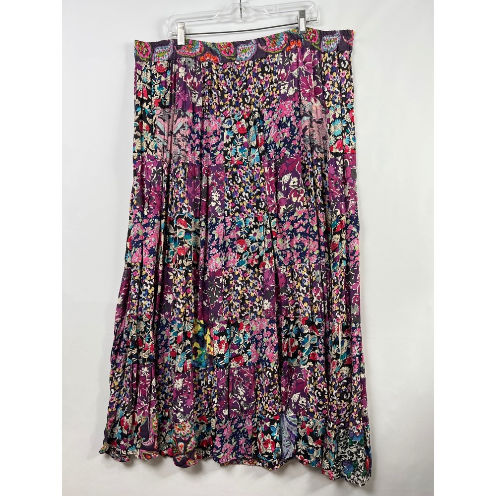 Patchwork Maxi Skirt Floral Women XL Colorful Tiered Boho Waist Drawstring